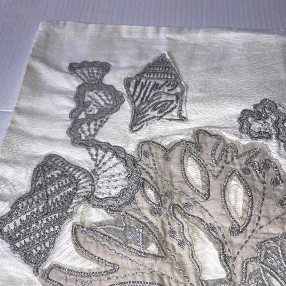 POTTERY BARN Nautical Beach Embroidered Coral Seashell Pillow Cover 20 x 20 inch